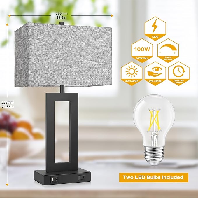 Set of 2 Modern Touch Control Table Lamps with 2 USB Ports, 22’’ Large Bedside Nightstand Lamps 3-Way Dimmable Desk Lamp with Grey Fabric Shade for Bedrooms Living Room Reading, 2 LED Bulbs Included