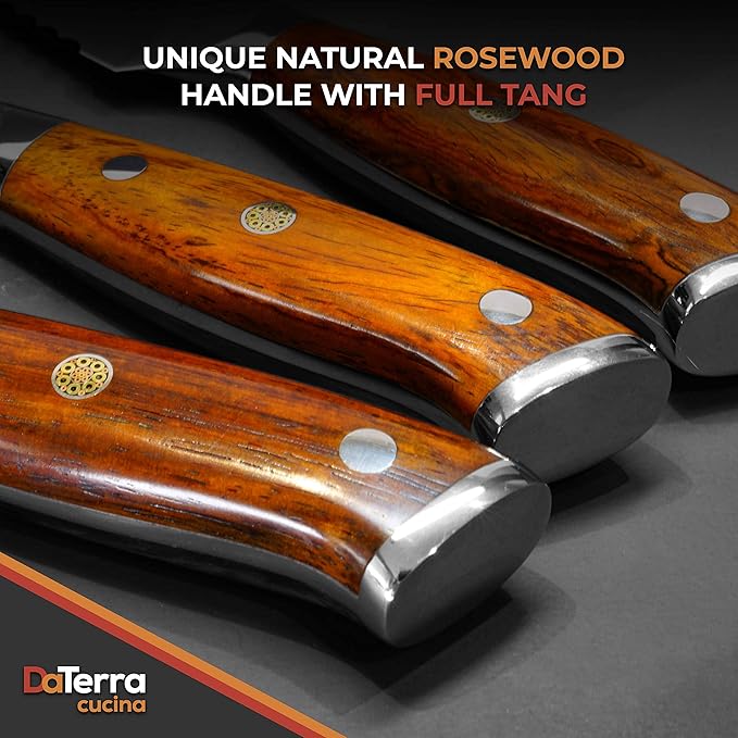 DaTerra Cucina - 8 Inch Chef Knife – German Steel Professional Kitchen Knife with Ergonomic Rosewood Handle, Sharp, Durable, Easy to Clean | Ideal for Chopping, Slicing & Dicing