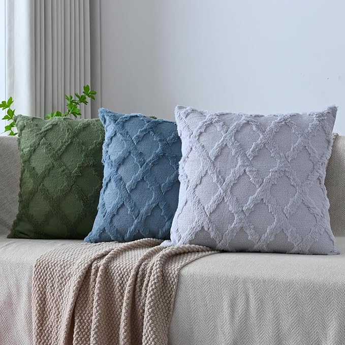 Set of 2 Soft Moroccan Throw Pillow Covers 22x22 Inch Plush Boho Decorative Pillow Cover Accent Cushion Case for Couch Sofa Bed, Grey Blue