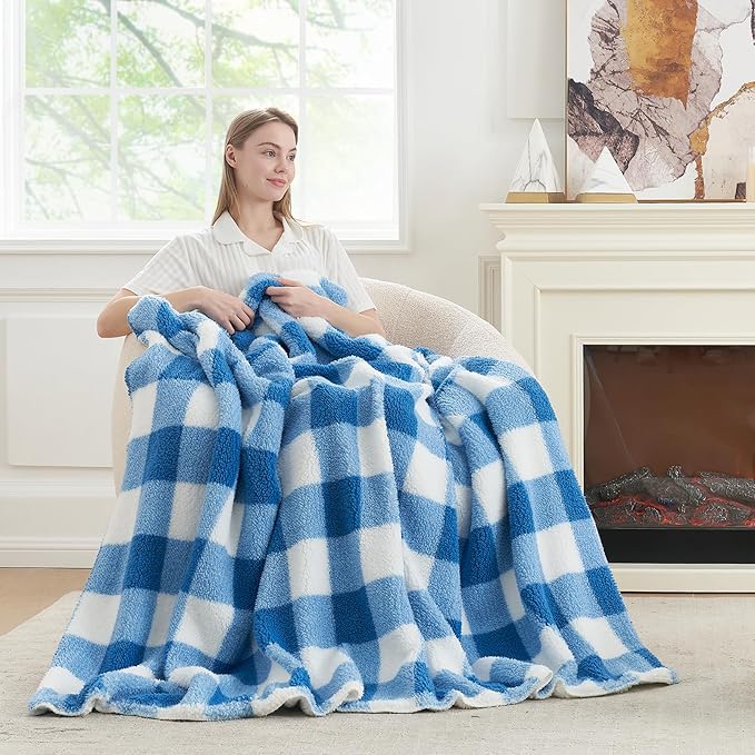 Cozy Bliss Luxury Sherpa Throw Blanket for Couch, Premium Reversible Buffalo Plaid Thick Throw, Warm Cozy Soft Blanket for Home and Gifts (Light Blue, 50" x 60")