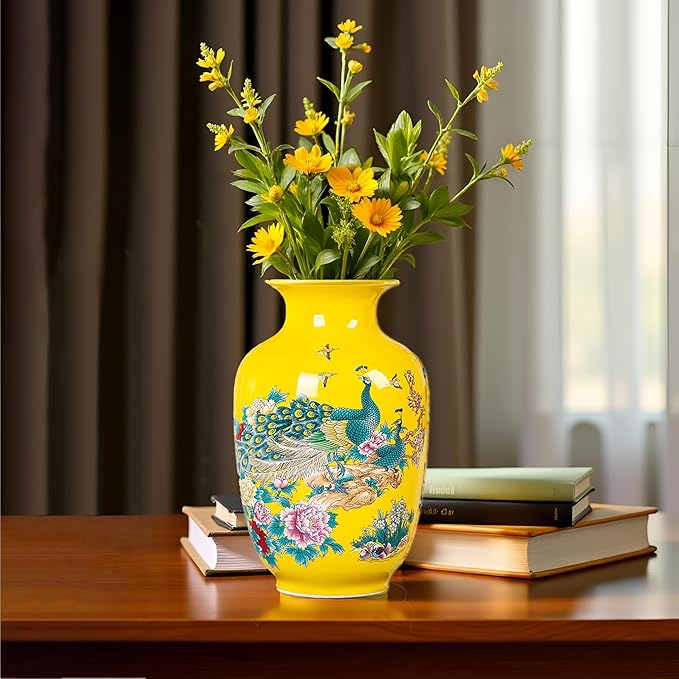MTME Porcelain Figurines, Jingdezhen Peacock Decorative Flower vase, Home Decor, Wedding Gifts, Aesthetic Sculpture Home décor (Yellow)