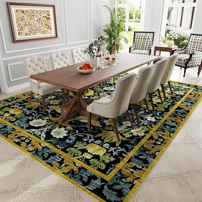 Topllen Washable Area Rug - Area Rug 6'x9' Boho Soft Living Room Rug, Non-Slip Large Area Rugs Indoor for Dining Room Livingroom Bedroom, Vintage Rug (Dark Green, 6x9ft)