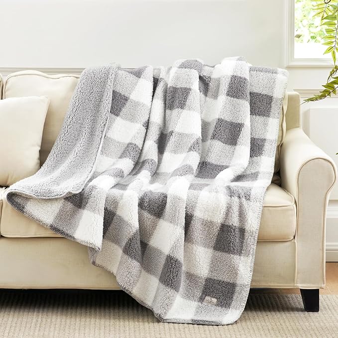 Cozy Bliss Luxury Sherpa Throw Blanket for Couch, Premium Reversible Buffalo Plaid Thick Throw, Warm Cozy Soft Blanket for Home and Gifts (Grey, 50" x 60")
