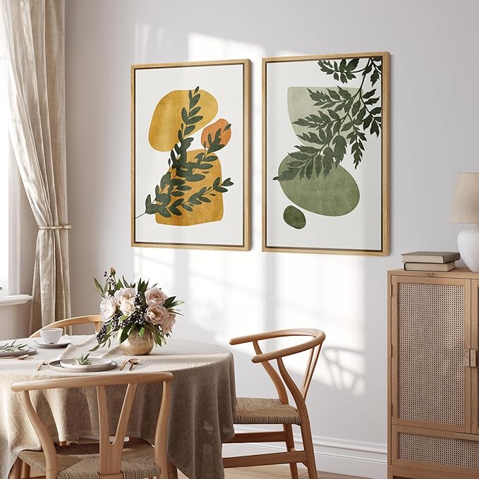 SIGNFORD Framed Canvas Print Wall Art Set Mid-Century Forest Fern Leaf Collage Abstract Shapes Illustration Modern Art Decorative Nordic Nature for Living Room, Bedroom, Office - 24"x36"x2 Natural
