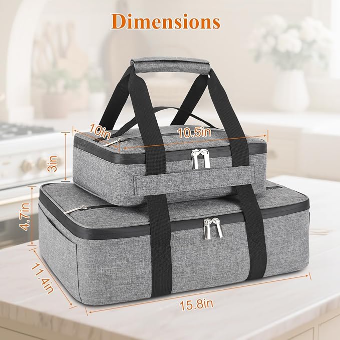 Insulated Casserole Carrier for Hot or Cold Food, Fits 8"-15" Baking Dish,Thermal Food Carrier Bag, Lasagna Lugger Tote for Potluck Parties/Picnic/Cookouts/Lunch, Grey,2 Pack