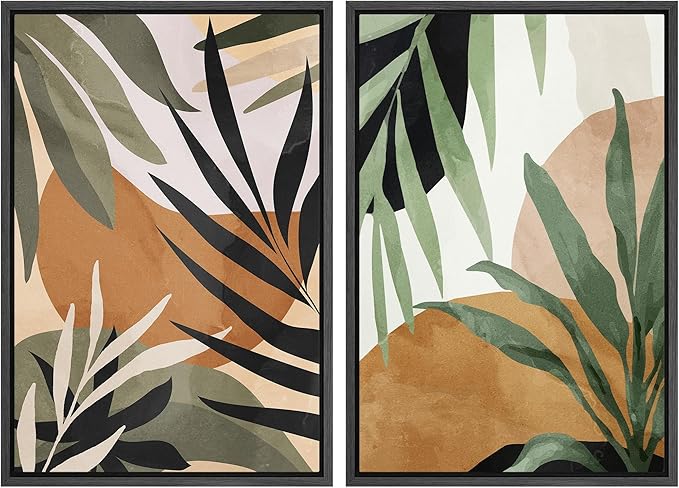 SIGNFORD Framed Canvas Print Wall Art Set Tropical Island Palm Leaf Geometric Collage Abstract Nature Illustrations Modern Art Decorative Minimalist Floral Botanical for Bedroom - 16"x24"x2 Black