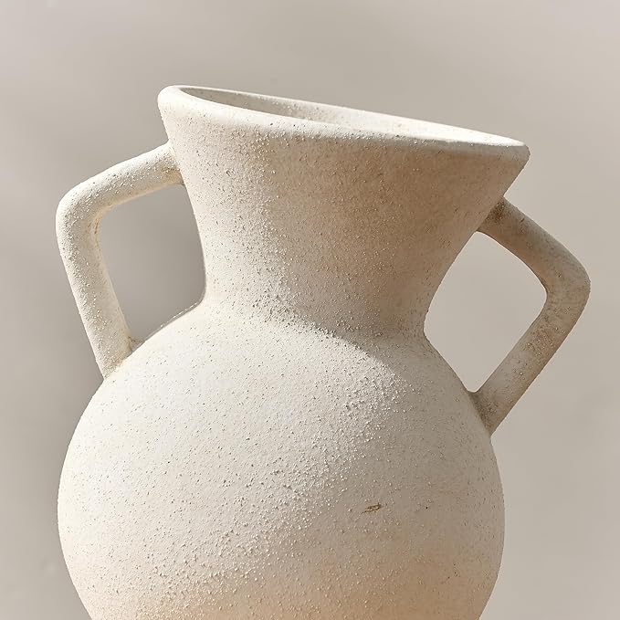 LUKA Antique Ceramic Vase with 2 Handle,9.25 inches Rustic Vase Minimalist Decor, Decorative Vases for Home Decor, Table, Living Room, Shelf, Christmas Decoration(Large,White)