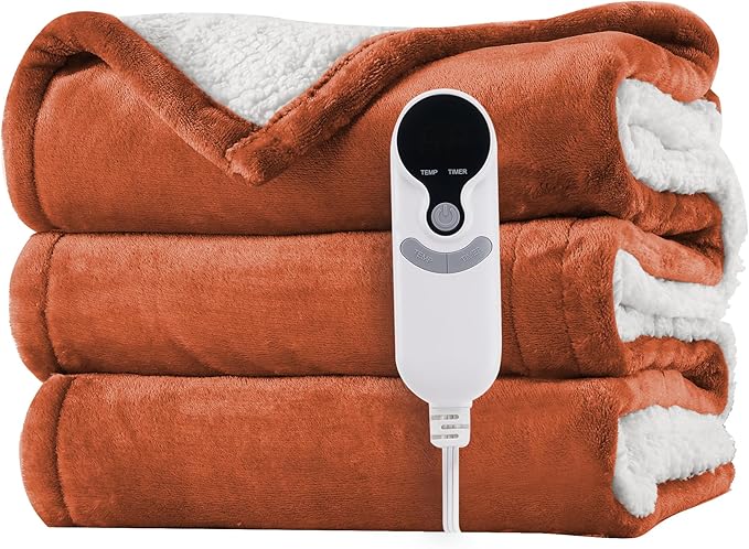 Electric Heated Blanket Throw Size 50"x60" - Flannel & Sherpa Fabric Dual-Sided, 6 Heat Settings & 1-3 Hours Auto Off, Soft & Cozy Warming Throw for Home, Office, or Bed, Machine Washable, Caramel