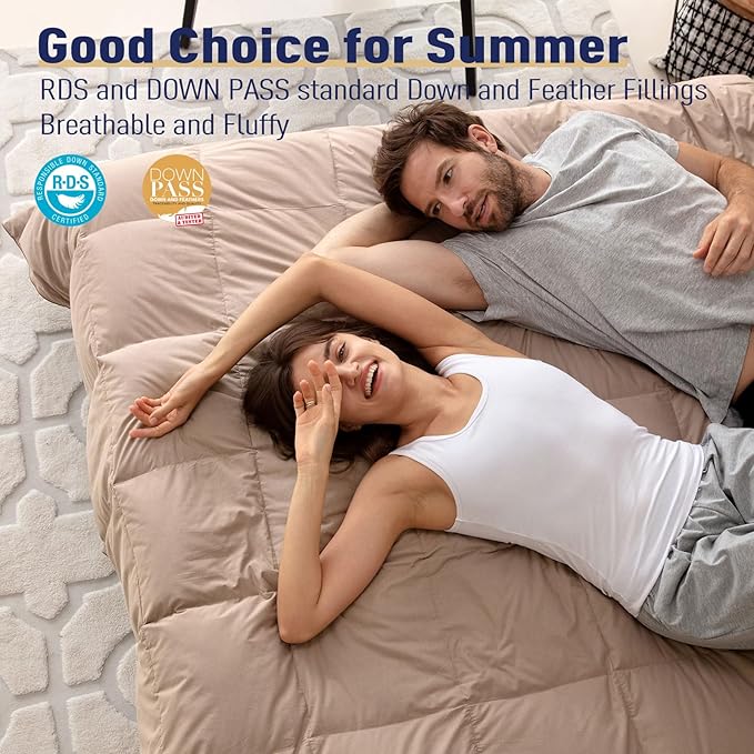SNOWMAN Extra-Soft Down Blanket Twin, Lightweight Down Comforter with 8 Corner Tabs, Cooling Bed Comforter for Hot Sleeper, 14oz Fill Weight and Noiseless Down Proof Fabric (Khaki, 68"x90")
