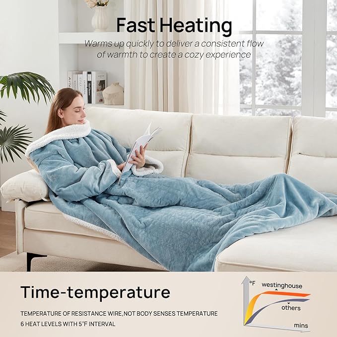 Westinghouse Electric Snuggle Throw Blankets with Foot Pocket, Wearable Heated Blanket with Sleeves, 6 Heating Levels & 2 to 10 Hours Heating Time Settings, 50 * 70"+18", Light Blue