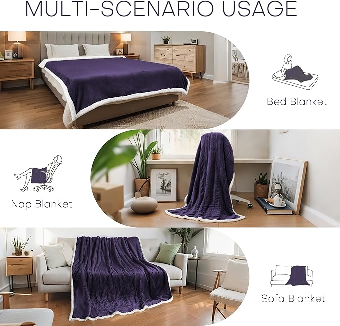 Electric Heated Blanket Full Size 72"x84" - Flannel & Sherpa Fabric Dual-Sided, 6 Heat Settings & 1-10 Hours Auto Off, Soft & Cozy Warming Throw for Home, Office, or Bed, Machine Washable, Purple