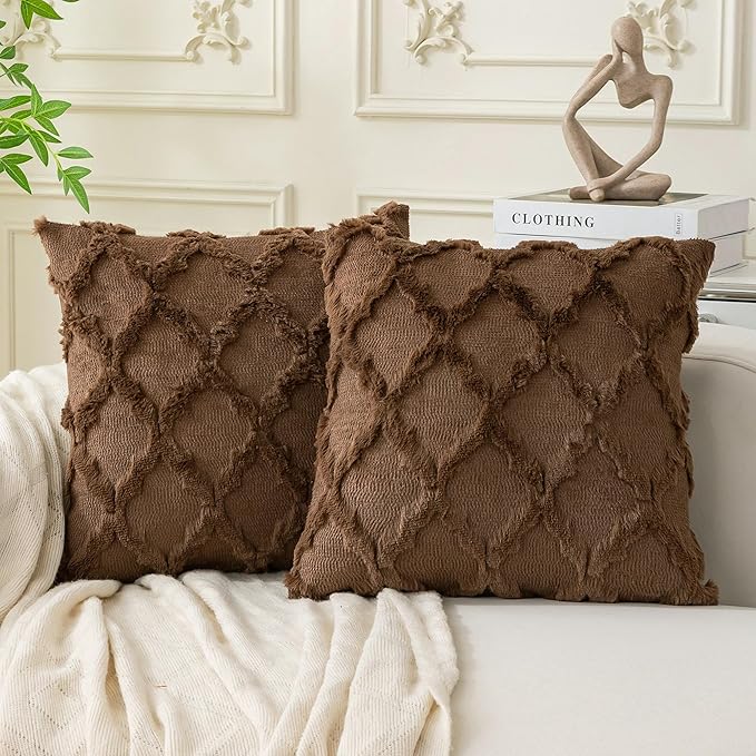 Set of 2 Soft Moroccan Throw Pillow Covers 16x16 Inch Plush Boho Decorative Pillow Cover Accent Cushion Case for Couch Sofa Bed, Deep Brown