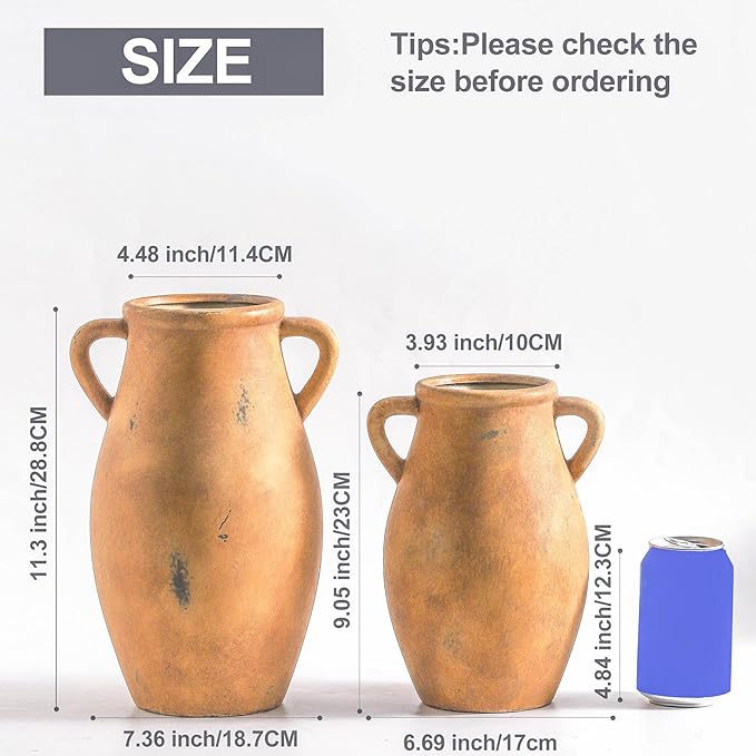 Ceramic Rustic Vase with 2 Handles, 9.05 inch Farmhouse Flower Vase, Pottery Flower Vase for Home Decor, Living Room Shelf Decor, Enterway, Table