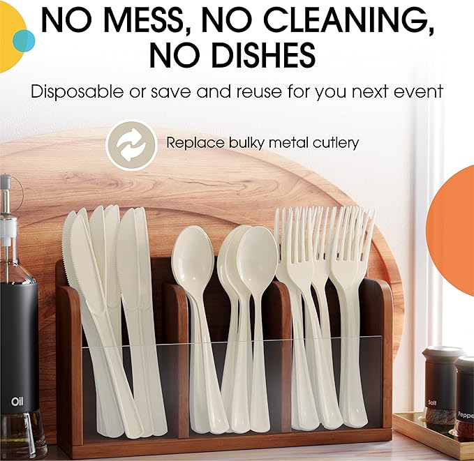 Party Solids Ivory Plastic Knives 200 Pcs Ivory Knives Disposable Utensils Heavy Duty Plastic Cutlery Set Disposable Cutlery Sets Flatware Sets Silverware Set Party Supplies & Party Tableware