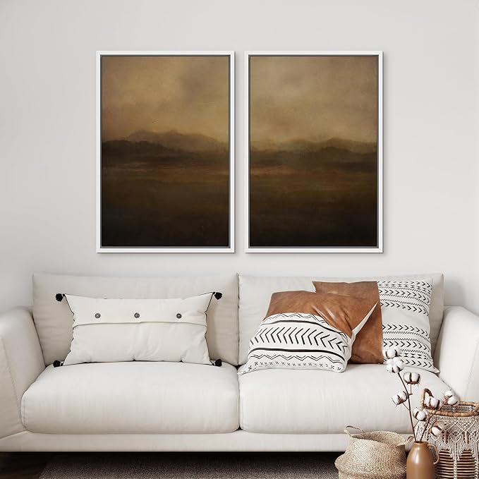 SIGNFORD Framed Canvas Print Wall Art Set Serene Misty Mountains Illustrations Modern Art Decorative for Living Room, Bedroom, Office - 16"x24"x2 White