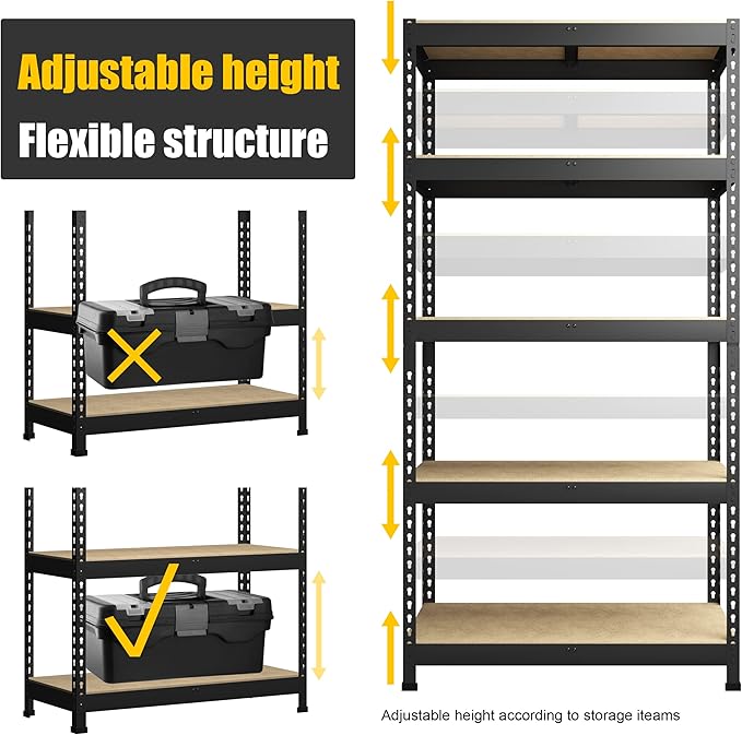 PrimeZone Storage Shelves 5 Packs 5 Tier Adjustable Garage Storage Shelving, Heavy Duty Metal Storage Utility Rack Shelf Unit for Warehouse Pantry Closet Kitchen, 35.5" x 15.75" x 71", Black