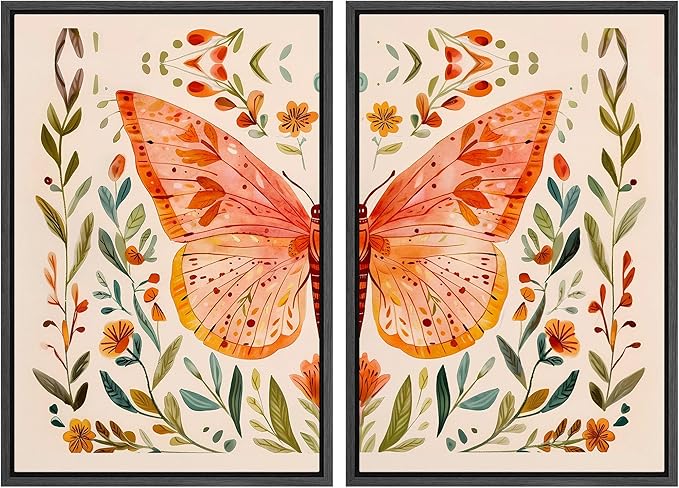 SIGNFORD Framed Canvas Print Wall Art Set Whimsical Butterfly and Florals Colorful Nature Illustration Modern Art Decorative Nordic Nature for Living Room, Bedroom, Office - 24"x36"x2 Black