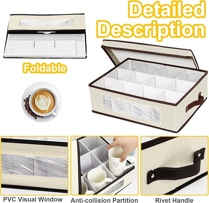 homyfort 2 Pack Mug Storage Box with Dividers, China Cup Storage Containers Organizer Hard Shell with Compartments for 24 Tea Cups and Coffee Mugs (Beige)