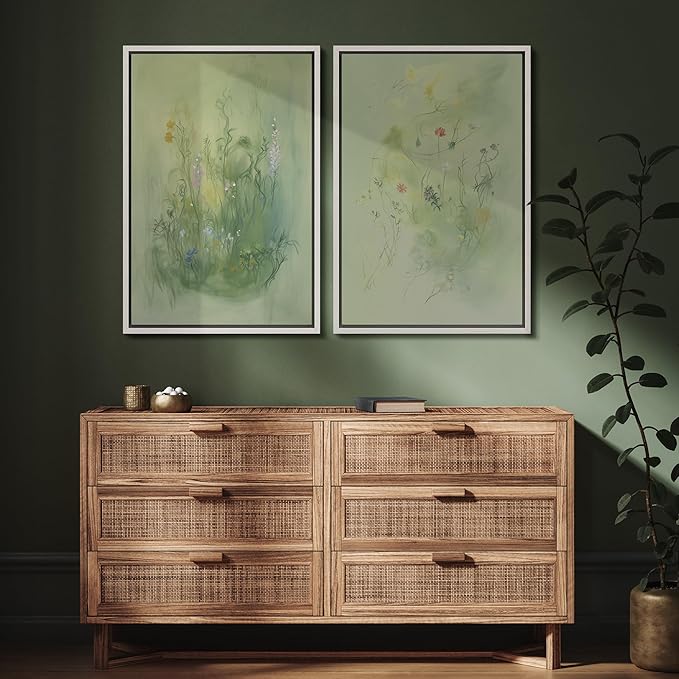 SIGNFORD Framed Canvas Print Wall Art Set Whimsical Green Wildflower Illustration Modern Art Decorative Nordic Nature for Living Room, Bedroom, Office - 24"x36"x2 White