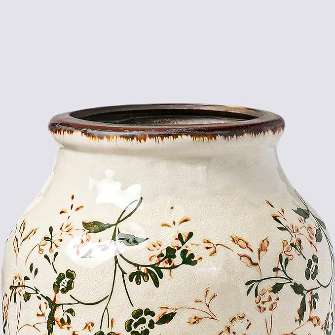 White and Green Vintage Vase, Chinoiserie Floral Vases for Flowers, Rustic Farmhouse Ceramic Vase for Home Decor, Living Room, Shelf, Office, Vintage Room Decor, 9 inch