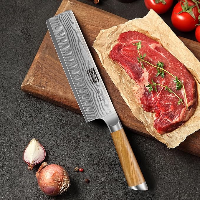 HOSHANHO Damascus Nakiri Knife 6.5 Inch, Super Sharp Damascus VG-10 Japanese Kitchen Knife, Cleaver and Vegetable Knife with Ergonomic Olive Wood Handle