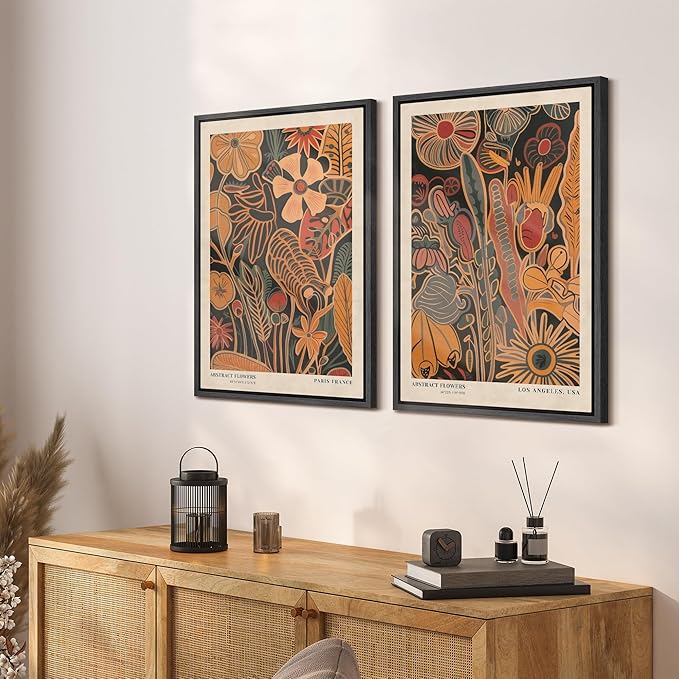SIGNFORD Framed Canvas Print Wall Art Set Abstract Blossoms Vibrant Floral Illustration Modern Art Decorative Nordic Nature for Living Room, Bedroom, Office - 16"x24"x2 Black