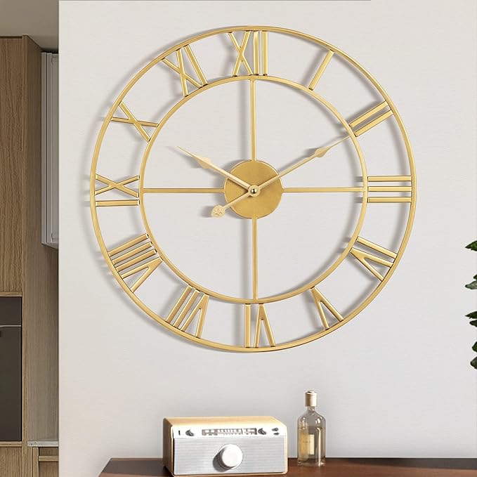 Large Wall Clock, Metal Retro Roman Numeral Clock, Modern Round Wall Clocks Almost Silent, Easy to Read for Living Room/Home/Kitchen/Bedroom/Office/School Decor (Gold, 18.5 Inch)