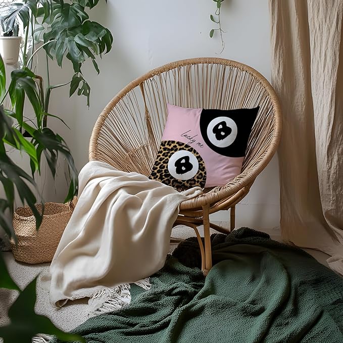 Preppy Pink Lucky 8 Ball Leopard Throw Pillow Covers 18x18, Cheetah Print Room Decor, Trendy Funky Y2K Leopard Print Motivational Decorative Pillow Covers for Girls Room Dorm Apartment