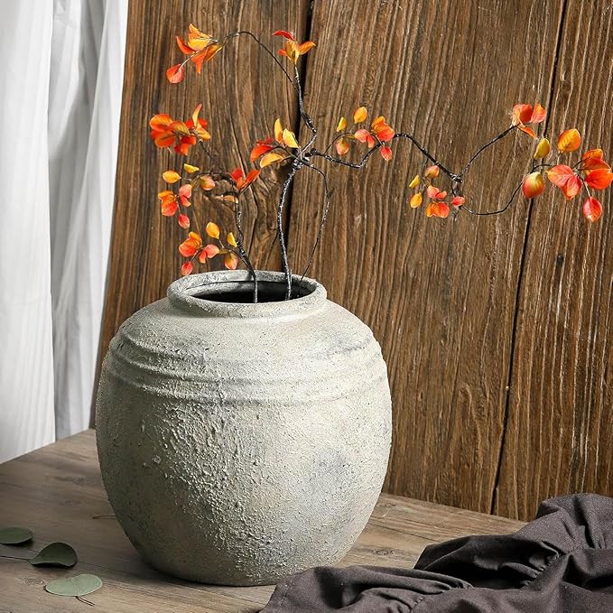 Large Ceramic Flower Vase, 8.66 inch Tall Round Rustic Farmhouse Vase for Home Decor, Wide Mouth, Living Room Shelf Decor, Enterway, Table