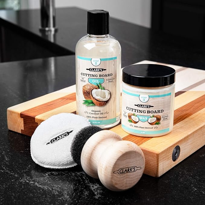 CLARK'S Coconut Cutting Board Finishing Kit - Refined Coconut Oil (12oz), Wax (6oz), Applicator and Buffing Pad - Butcher Block Oil and Wax