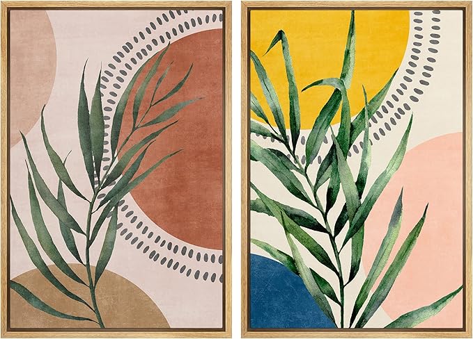 SIGNFORD Framed Canvas Print Wall Art Set Geometric Mid-Century Circle Plants Abstract Shapes Illustrations Modern Art Decorative Zen Bohemian for Living Room, Bedroom, Office - 24"x36"x2 Natural