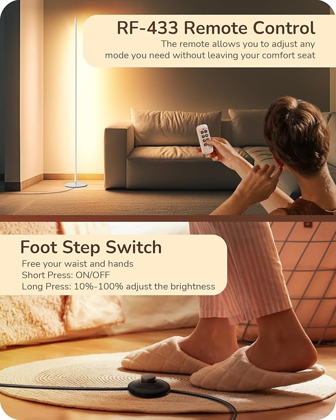 EDISHINE Minimalist LED Corner Floor Lamp with Remote, Set of 2 Modern Dimmable Mood Light, 57.5" Tall Floor Lamp for Bedroom, Living Room, 7 Color Temperature 2700-6000K, (White)