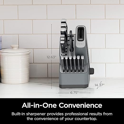Ninja Knife Set, Knife Sharpener, Knife Block Set, Stainless Steel Knives, 14 Piece Set, Steak Knives, Chef Knives and More, Foodi NeverDull, Black, K32014