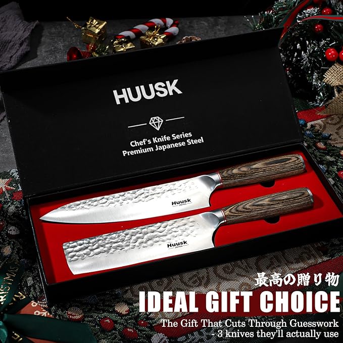 Huusk Japanese Kitchen Knife Set - 2-Piece Professional Chef Knives Set for Kitchen, Hand Forged Nakiri Vegetable Chopping Knife, Meat Cleaver Knife Set for Meat Cutting, Father's Day Gifts for Men