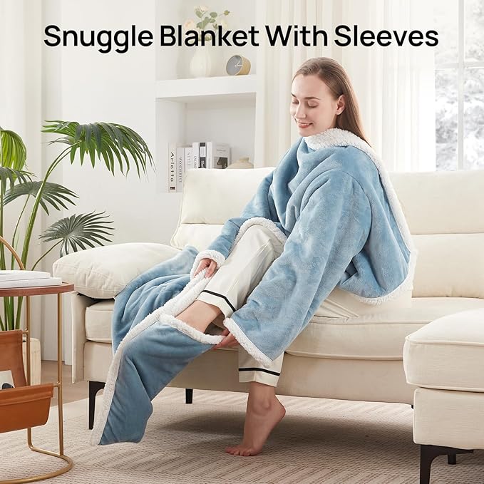 Westinghouse Electric Snuggle Throw Blankets with Foot Pocket, Wearable Heated Blanket with Sleeves, 6 Heating Levels & 2 to 10 Hours Heating Time Settings, 50 * 70"+18", Light Blue