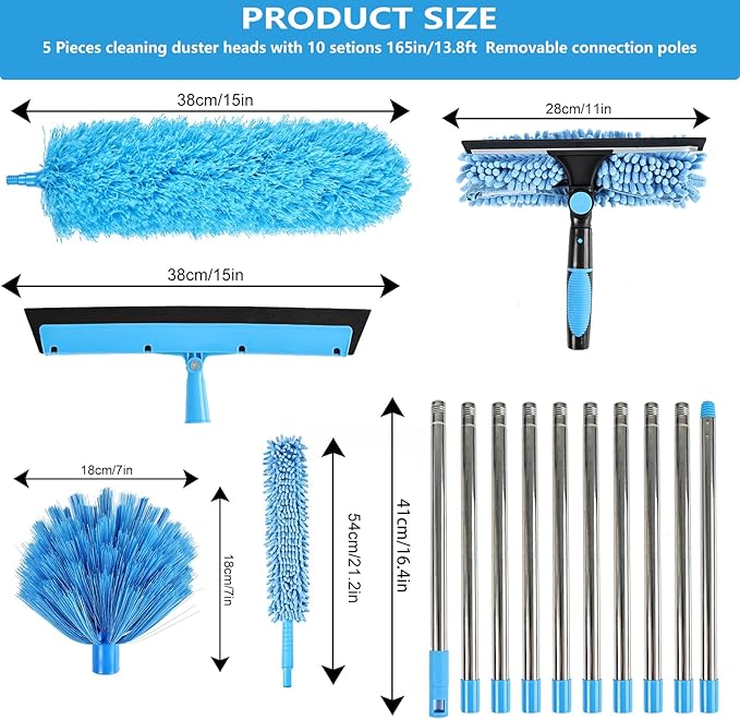High Reach Duster Kit with14 ft Extension Pole High Ceiling Dusting and Window Cleaning Kit with Spliceable Pole - Cobweb Duster, Fan Blade, Window Washer & Squeegee and Feather Dusters