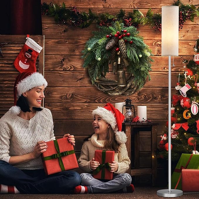 Ambimall Floor Lamp for Living Room with 3 Color Temperatures Bulb, 64" Standing lamp with Linen lampshade for Bedroom, Minimalist Pole Lamp, Beige Shade & Silver Pole