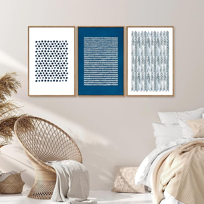 Tinonedraw Navy Blue and White Framed Canvas Wall Art Set, Minimalist Geometric Wall Decor, Neutral Abstract Artwork, Cozy Contemporary Art Prints for Bedroom Living Room Office Above Bed 24"x36"x3