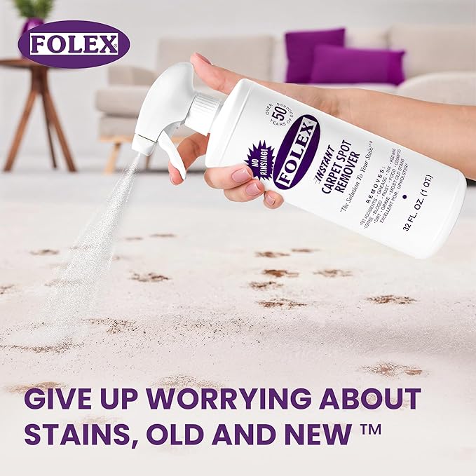 FOLEX Instant Carpet Spot Remover 32 oz – Powerful Stain Remover for Carpets, Upholstery & Rugs – Eliminates Pet Stains, Grease, Red Wine, Food, Makeup & More – With Reusable Cleaning Cloth – 3 Pack