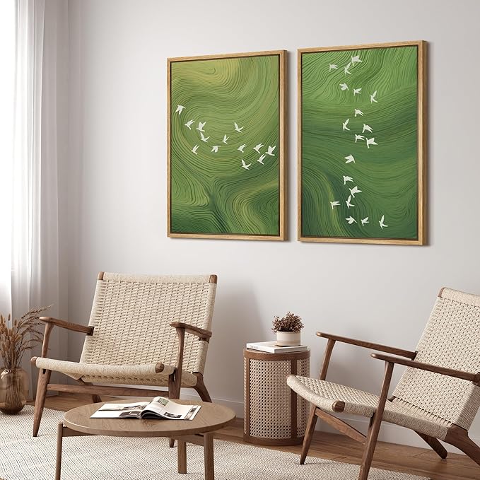 SIGNFORD Framed Canvas Print Wall Art Set Green Swirl Abstract White Birds Illustration Modern Art Decorative Nordic Nature for Living Room, Bedroom, Office - 16"x24"x2 Natural