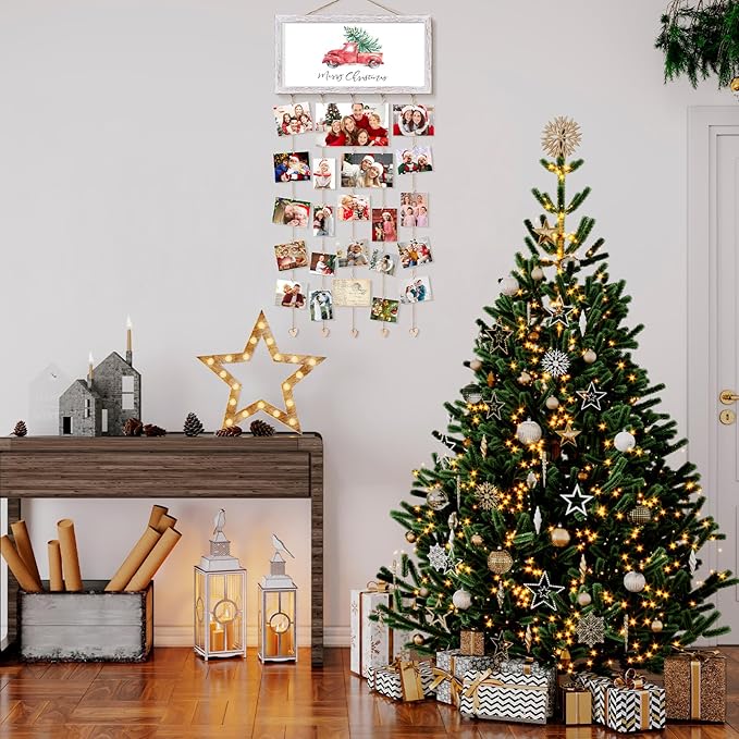 Christmas Card Holder Display Wall Hanging Collage Picture Frames Interchangeable Holiday Decor Clips Photo Holders Merry Christmas Sign Wooden Photo Holder for Gift Card Holder Xmas Party Decor