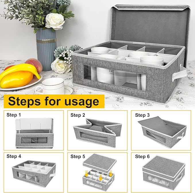 homyfort Mug and Wine Glass Storage Box with Dividers, Stemware Storage Cases and Coffee Cup Storage Organizer, China Crystal Storage Containers Hard Shell for Glassware Protection and Moving (Grey)