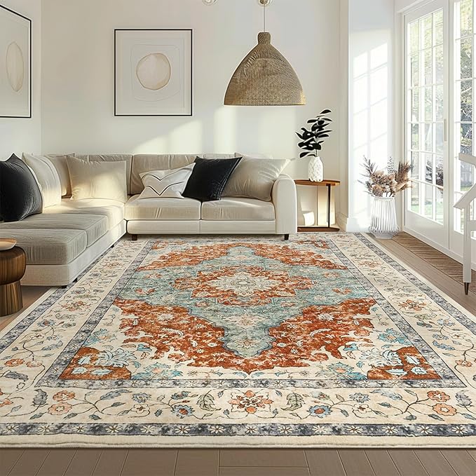 Topllen Washable Area Rug - 5'x7' Boho Living Room Rug, Non-Slip Soft Rugs Indoor for Bedroom Dining Room Office, Vintage Throw Large Carpet Stain Resistance (Rust, 5x7ft)