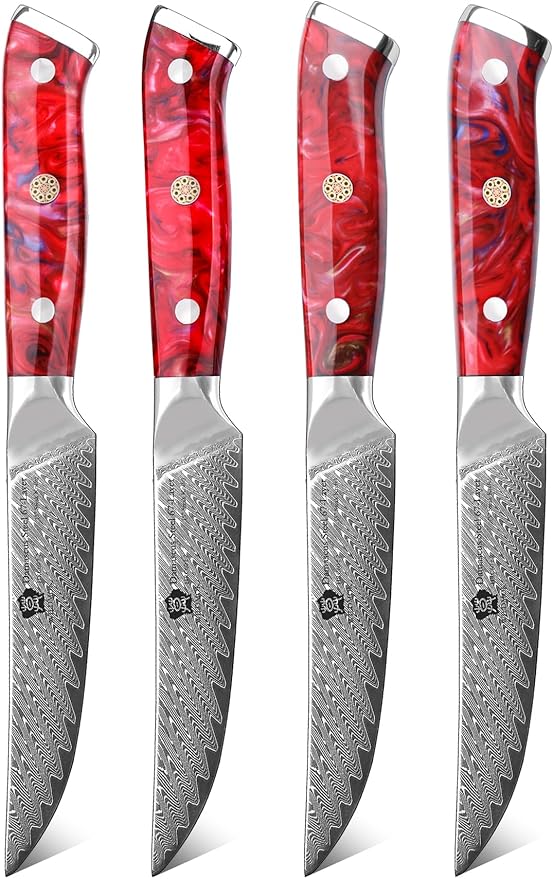 WILDMOK Steak Knives, 5 inch Non Serrated Steak Knife Set of 4, Japanese Damascus VG10 Steel Steak Knives,Premium Steak Knives Set with Gift Box