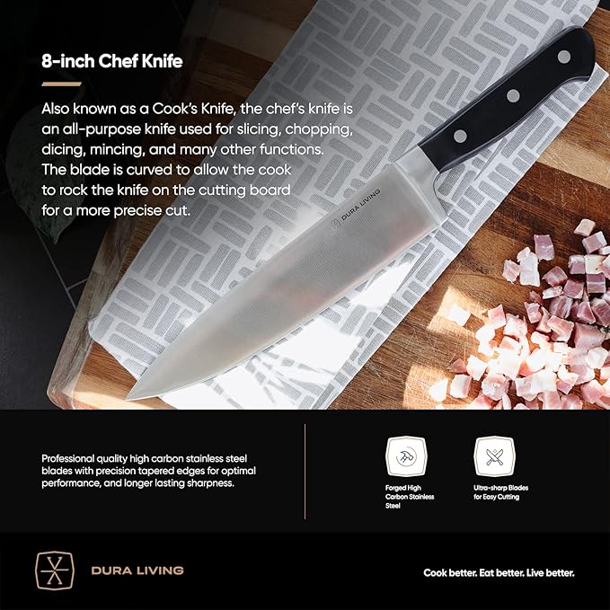 DURA LIVING 8 Inch Professional Chef Knife – High Carbon Stainless Steel, Razor-Sharp, Versatile Cooking & Cutting Kitchen Knife, Ergonomic Handle, Sleek Black Design