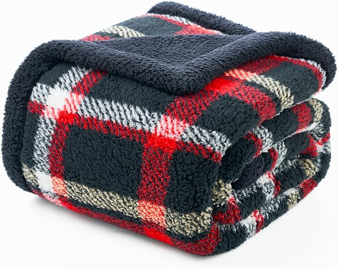 Cozy Bliss Luxury Sherpa Throw Blanket for Couch, Premium Reversible Buffalo Plaid Thick Throw, Warm Cozy Soft Blanket for Home and Gifts (Scotland Plaid Red, 50" x 60")