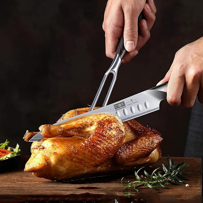 HOSHANHO 8 Inch Carving Knife & 7 Inch Fork Set, Professional Japanese High Carbon Steel Razor Sharp Butcher Brisket Slicing Knife Set for Meat Cutting, BBQ
