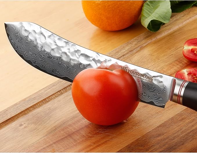 YOUSUNLONG Breaking Knife Bull Nose Butcher Knife 8" Japanese 67 Layers Hammered Damascus Steel with Natural Leadwood Handle