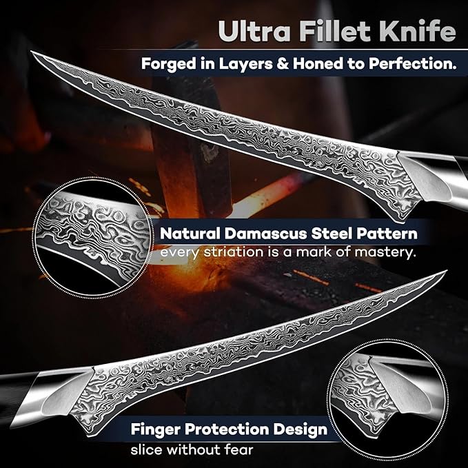 DRAGON RIOT Japanese Fillet Knife, 7 inch Meat Boning Knife with VG10 Steel Core, Damascus Pattern, Flexible Blade, Ergonomic Handle, Fishing Gift for Men