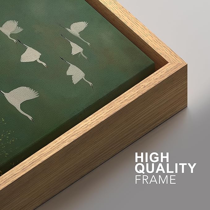 SIGNFORD Framed Canvas Print Wall Art Set Flight of Cranes Elegant Birds in Soft Green Hues Illustration Modern Art Decorative Nordic Nature for Living Room, Bedroom, Office - 16"x24"x2 Natural